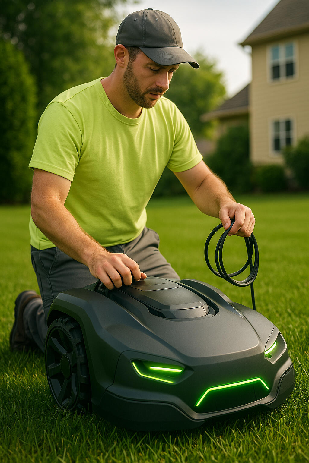 Romow technician guiding mower during setup in Woodbury, MN