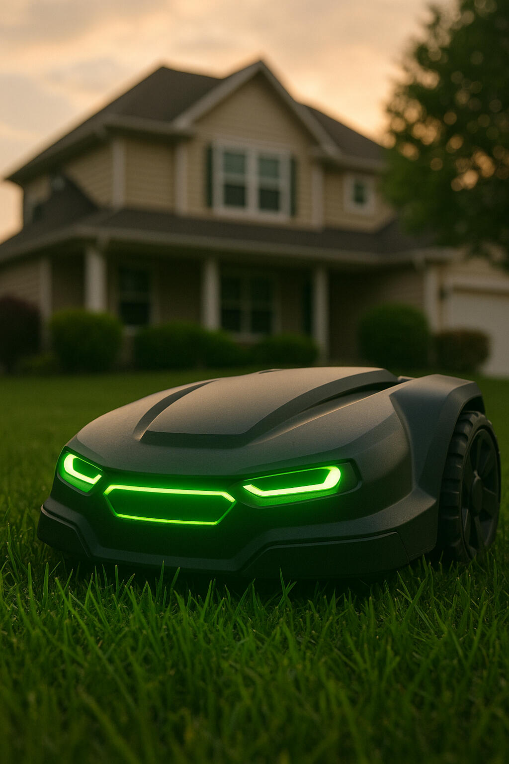 Futuristic robot mower cutting a Woodbury, MN lawn
