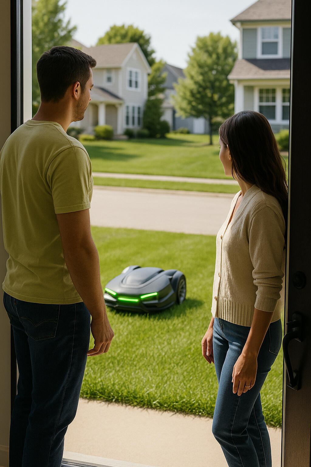Woodbury, MN, homeowners watching robot mower from front door